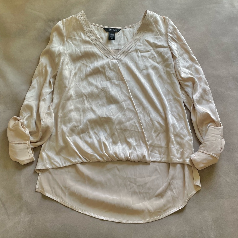 White House Black Market Long Sleeve Topstitch Silk Blouse